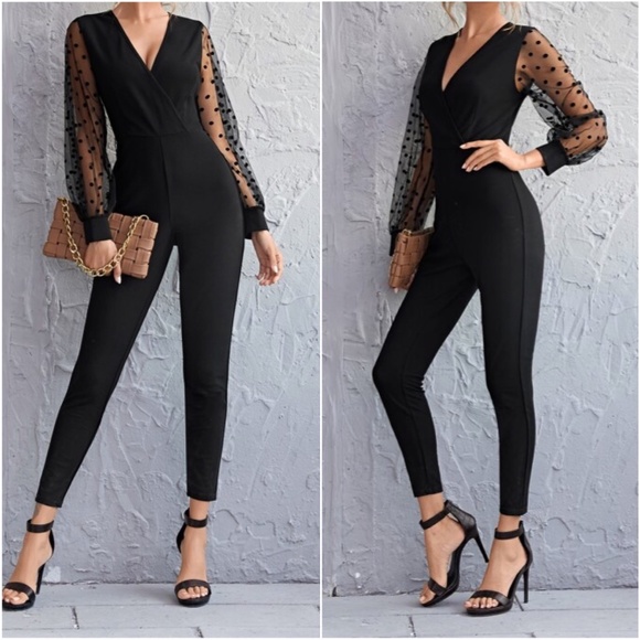 Bellanblue Pants - Black Polka Dot Sheer Sleeve Fitted Jumpsuit